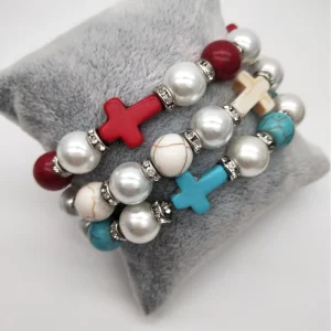 Vintage Turquoise Pearl Beaded Silver Plated Unisex Charm Cross Bracelet Religious Buddhism Rosary Diamond Inspired Butterfly