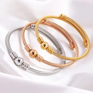 Vintage Twisted Cable Wire Stainless Steel Bangle 18K Gold Plated Cuff Bangle Jewelry Beads Bracelets & Bangles for Women