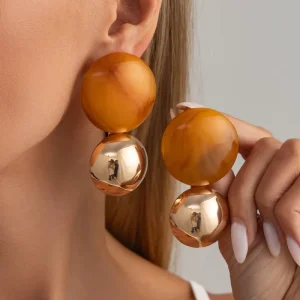 Vintage Two Layer Round Resin Ball Drop Earrings for Women Retro Lady Party Statement Earrings Accessories Fashion Jewelry Gifts