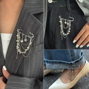 Vintage Two Tone Layered Chains Heart Star Charms Mixed Metal Beads Punk Style Safety Pin Brooch Women Fashion Jewelry