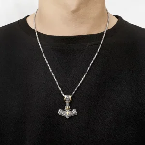Vintage Viking Mjolnir Thor Hammer Pendant Necklace Gold Plated Christian 2 Tone Stainless Steel Link Valknut Box Design Jewelry