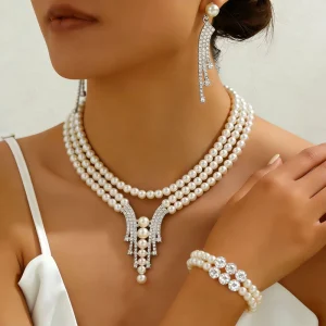Vintage Wedding Beaded Pearl Necklace Earrings Bracelet Set Double-Row Tassel Alloy Jewelry for Women