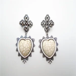 Vintage Western Boho Style Engrave Cross Pattern Heart Ivory Stone Antique Silver Plated Zinc Alloy Stud Earrings