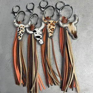 Vintage Western Style Genuine Leather Bag Pendant Cow Head Tooled Key Lanyard Colorful Tassel Fashion Pendants Charms