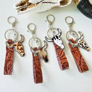Vintage Western Style Leather Keychain Fashion Leopard Print Cow Head Wristed Keychain Retro Cowboy Bag Charm Accessories