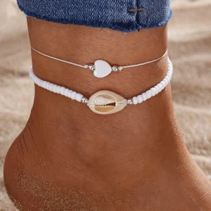 Vintage White Bead Love Heart Anklet Stacked Hand Woven Shell Anklet for Women Summer Vacation Beach Party Jewelry Gift
