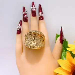 Vintage Wide Crocodile Texture Gold Statement Ring Women Chunky Embossed Pattern Adjustable Open Band Cocktail Finger Jewelry