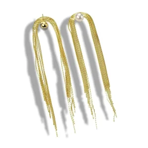 Vintage Women Fashion Accessories Copper Alloy Fringe Golden Tassel Pendant Imitation Pearl Earrings for Wedding