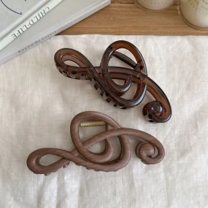 Vintage Wood Tone Resin Hair Claw Brown Music Note Treble Clef Shark Clip for Back of Head Updo Women