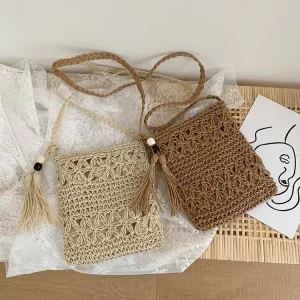Vintage-style Straw Womens Winter Woven Zipper Shoulder Bag Versatile Crossbody Polyester-lined Travel Vacations