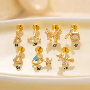 WT G23 Titanium Body Jewelry Butterfly Pairs Eiffel Tower Threadless Flat Back Cartilage Stud Earring Labret Piercing Jewelry