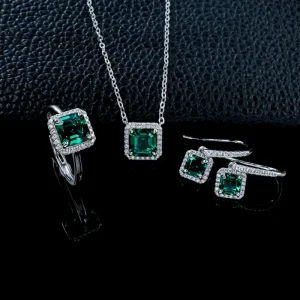Wangfu Jewelry Emerald Green Square Cut Halo Jewelry Set With Ring Necklace And Drop Earrings
