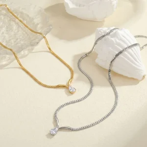 Water Drop Shaped Zircon Pendant Necklace Stainless Steel PVD Plated Necklace Fashion Jewelry