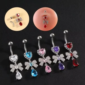 Water Drop Zircon Bow Setting Belly Ring Jewelry Stainless Steel Unisex Piercing
