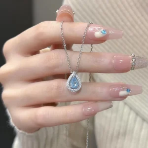 Water Drop Zircon Pendant Necklace Women Light Luxury Creative Blue Tears Collarbone Bamboo Copper Minimalist Fashionable