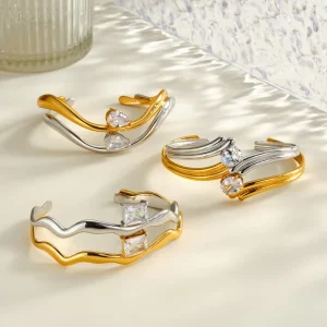 Water Droplet Geometric Gold Plated Stainless Steel Cuff Bracelet for Women Zircon Party Jewelry
