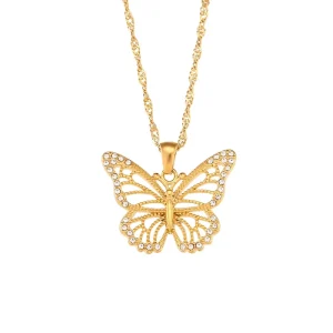 Water Wave Chain Hollowed Out Zirconia Butterfly Pendant Necklace 316L Stainless Steel Jewelry 18K PVD Gold Necklace