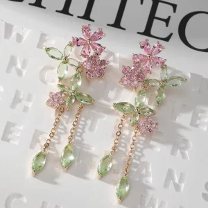 Waterdrop CZ Crystal Long Earrings Pink Daisies Flower Jewelry Bride’s Earrings
