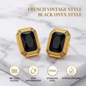 Waterproof 18K Gold Plated Black Zircon Earrings French Vintage Rectangular Stainless Steel Tarnish Free Stud Jewelry Ganku