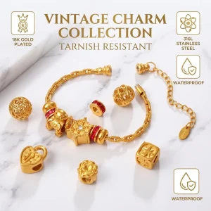 Waterproof 18K Gold Plated Eco friendly Hypoallergenic Vintage Charm Bracelet Stainless Steel Heart Lock Elephant Pendant Bangle