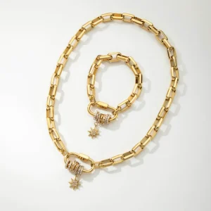 Waterproof 18K Gold Plated Stainless Steel Carabiner Oval Spring Clip Paperclip Chain Zircon Necklace