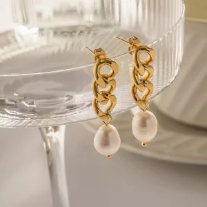 Waterproof 18K Gold Plated Stainless Steel Chain Dangle Natural Freshwater Pearl Earrings for Women