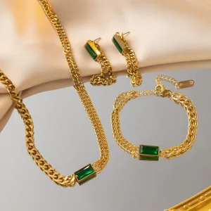 Waterproof 18K Gold Plated Stainless Steel Chunky Chain Bracelet Necklace Earrings Crystal Rhinestone Fine Fashion Anniversary