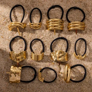 Waterproof 18K Gold Plated Stainless Steel Chunky Heart Semi circular Twist Black Rubber Band Hair Ties for Women