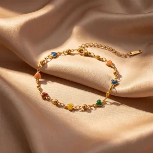 Waterproof 18K Gold Plated Stainless Steel Colorful Heart Charm Bracelet Non Tarnish Enamel Chain Accessory for Women TGSL5603
