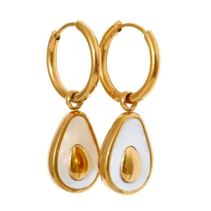 Waterproof 18K Gold Plated Stainless Steel White Shell Avocado Charm Huggie Drop Earrings for Cute Minimalist Daily Styling