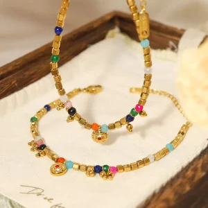 Waterproof 18K PVD Gold Plated Stainless Steel Colorful Beaded Coin Bracelet Set Tarnish Free Boho Fashion Jewelry