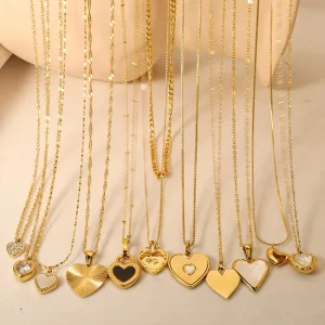 Waterproof 18K PVD Gold Plated Stainless Steel Heart Pendant Necklace Set Tarnish Free