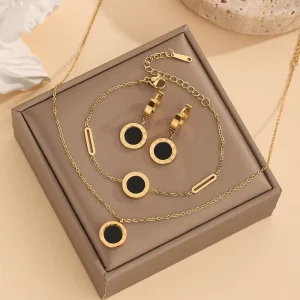 Waterproof 18k Gold Plated Black White Roman Numeral Pendant Necklace Earrings Stainless Steel Fine Fashion Jewelry Sets Women