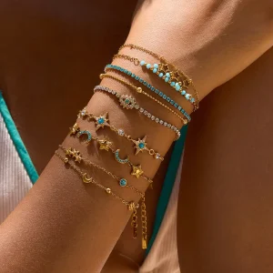 Waterproof 18k Gold Plated Stainless Steel Blue Rhinestone Star Moon Bracelet Gifts for Women