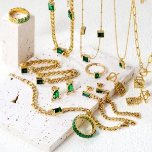Waterproof 18k Gold Plated Stainless Steel Jewelry Sets OEM Green Cubic Zircon Rings Bracelet Necklace Earrings Set for Women