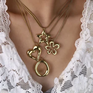 Waterproof 18k Pvd Gold Plated Stainless Steel Heart Star Flower Pendant Necklace Set Tarnish-free Jewelry