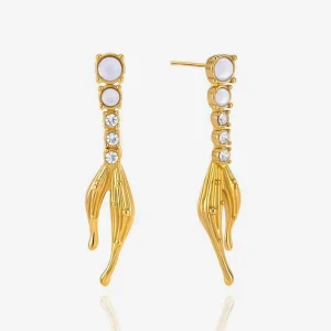 Waterproof 316L Steel Drop Earring Radiant Fishtail Charm Iridescent Gemstone Accented Sleek Aesthetic Skin Friendly Ornament