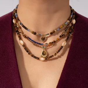 Waterproof Colorful Tiger Eye Natural Stone Stainless Steel Pendant Beaded Necklace