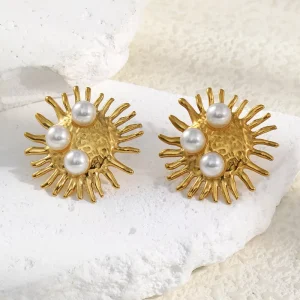 Waterproof Durable Do Not Fade Retro Personality 18K Gold Plated Pearl Stainless Steel Women’s Gift Stud Earrings