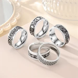Waterproof Durable No Fading Vintage Stainless Steel Men Ring Geometric Carved Personalized Hip Hop Couple Ring Fashion Jewelry