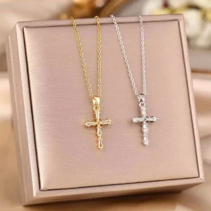 Waterproof Durable Non Fading Stainless Steel Necklace Women Minimalist Full Zircon Cross Pendant Unique Clavicle Chain Jewelry