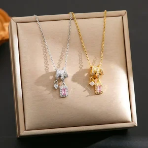 Waterproof Durable Non Fading Tassel Square CZ Stainless Steel Necklace for Women Cool Trend INS Style Clavicle Jewelry