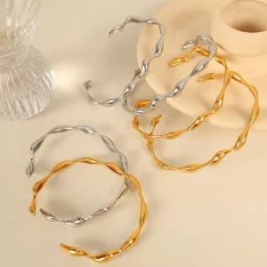 Waterproof Fashion Geometric Wave Line Bangle Stylish Minimalist Open Cuff Titanium Steel Bracelet Plated 18K Gold for Office