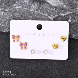 Waterproof Fashion Jewelry Golden Stainless Steel Purple Bowknot Heart Large Zircon Stud Earrings Set for Lady