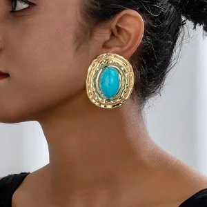 Waterproof Fashion Vintage 18K Gold Stainless Steel Jewelry Textured Natural Stone Oval Turquoise Stud Earrings for Women Gift