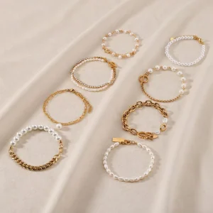 Waterproof Fresh Water Pearls Jewelry Vintage Women Fashion Stainless Steel Gold Plated Freshwater Pearl Bracelet