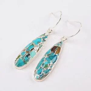 Waterproof Genuine Turquoise Silver Plated Teardrop Pendant Natural Gemstone 316L Stainless Steel Earrings