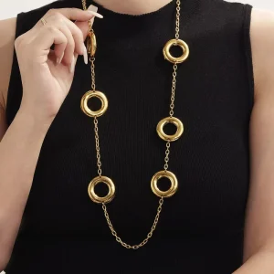 Waterproof Geometric Gold Plated Hollow Charms Long Thin Round Pendant Necklace Sweater Chain for Women