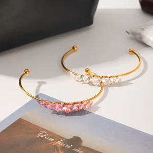 Waterproof Heart Shaped Zircon Bangles 18K Gold Plated Stainless Steel Cuff Pink White Bangle