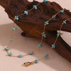 Waterproof Natural Stone Handmade Chain Necklace Turquoise Choker Gemstone Beaded Necklace 316l Stainless Steel